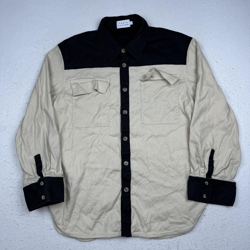 Tanya Taylor Shirt Womens S/M Beige Black Colorblock Button Up Long Sleeve